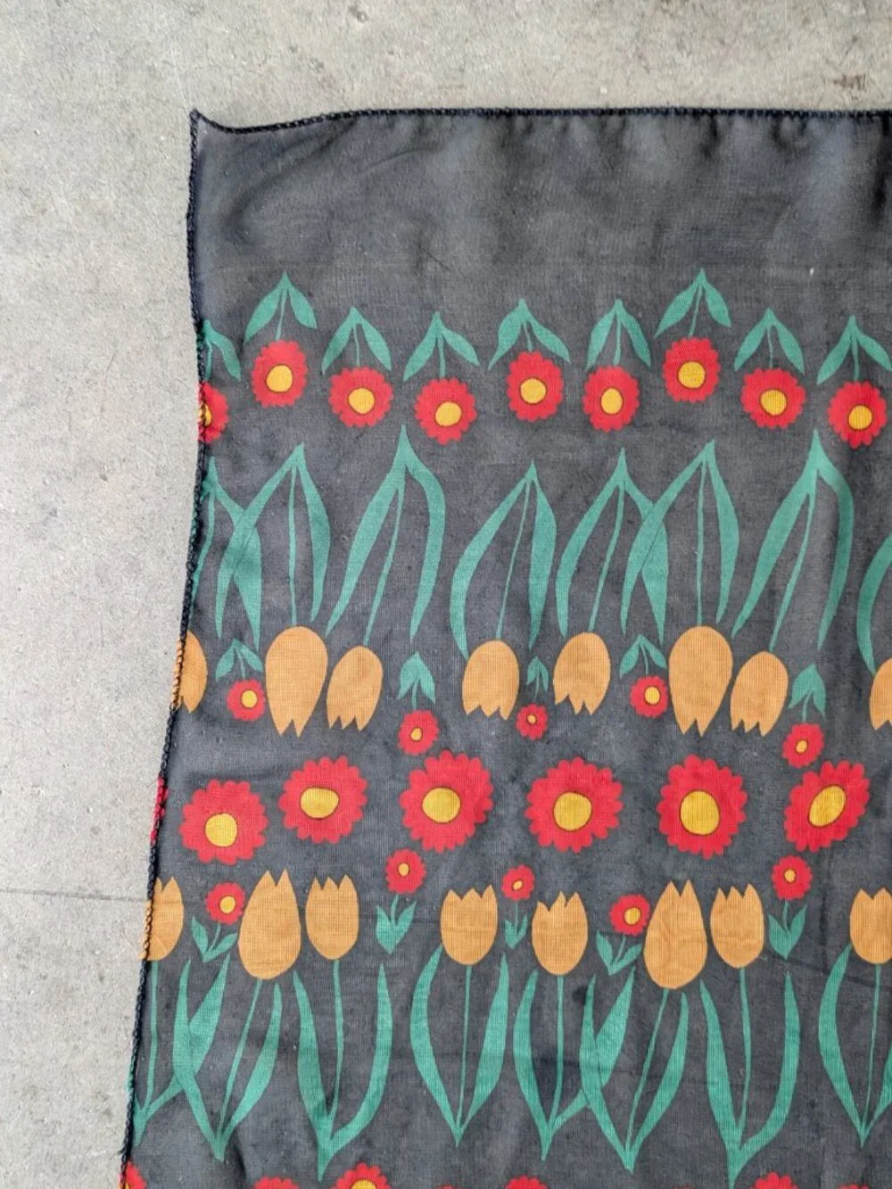 Vintage Floral Silk-Feel Polyester Sheer Black Red Yellow Green Square Scarf